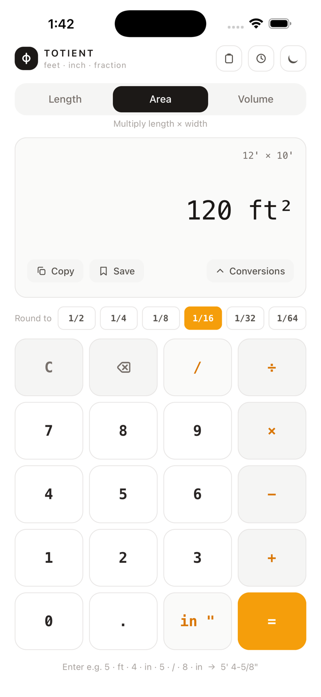 Totient in Area mode showing 12 feet by 10 feet equals 120 square feet