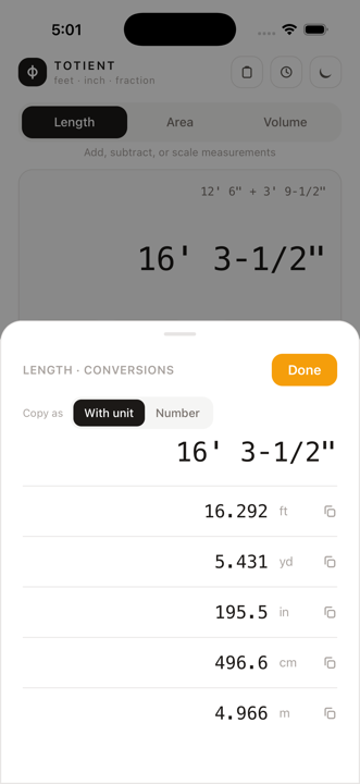Conversions sheet listing 16' 3-1/2" as 16.292 ft, 5.431 yd, 195.5 in, 496.6 cm and 4.966 m