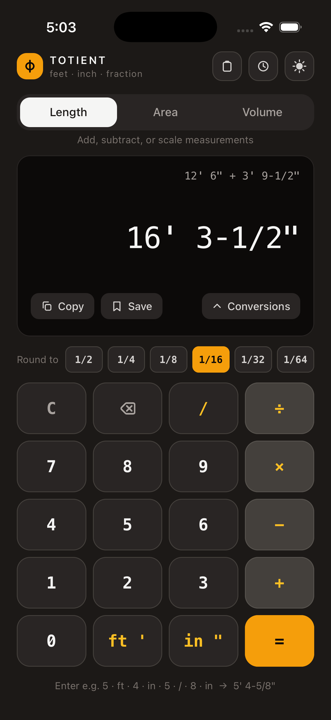 Totient in dark mode showing the same 16' 3-1/2" result