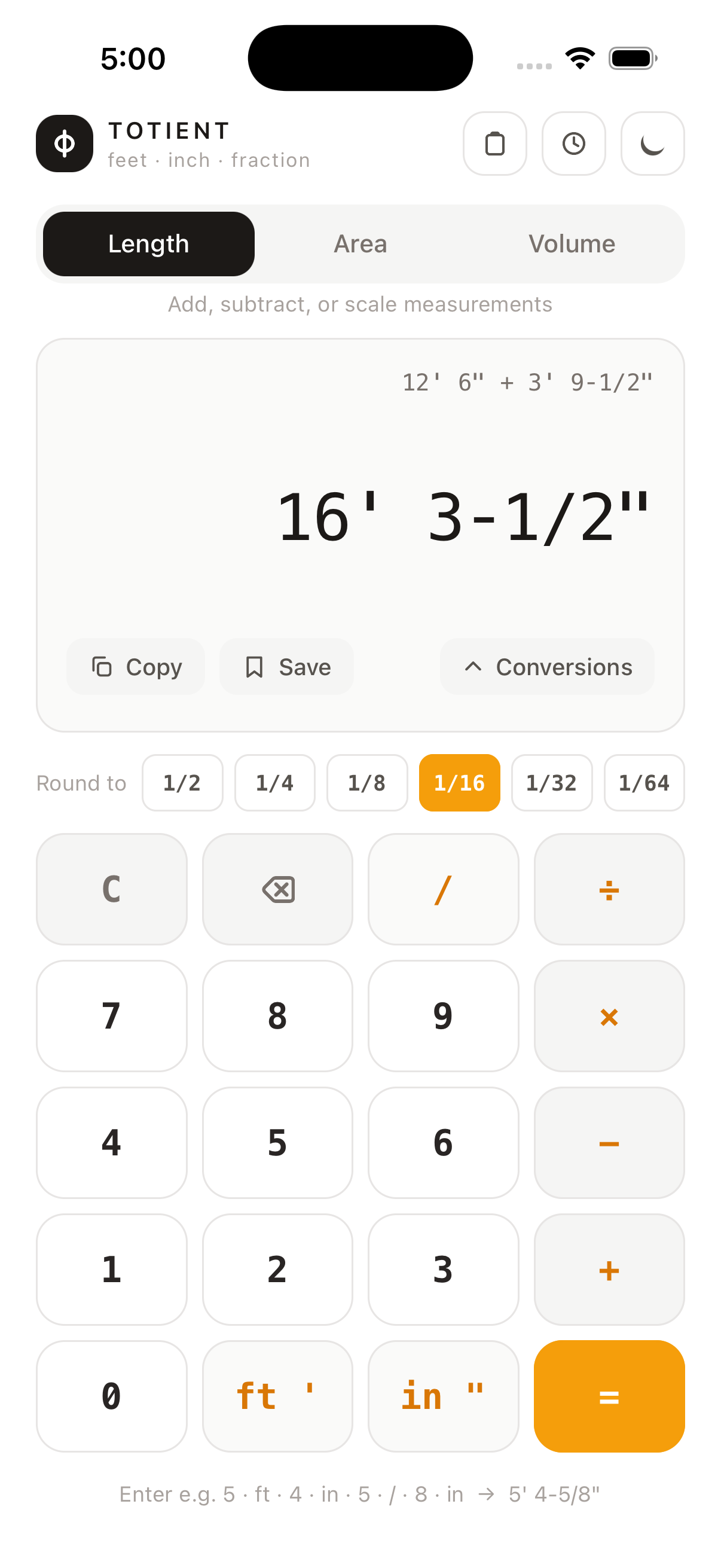 The Totient calculator showing 12' 6" + 3' 9-1/2" = 16' 3-1/2"