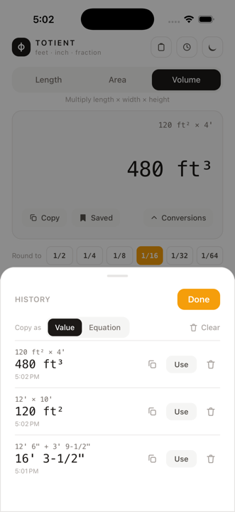 History sheet listing saved results: 480 ft³, 120 ft² and 16' 3-1/2" with Use and copy buttons