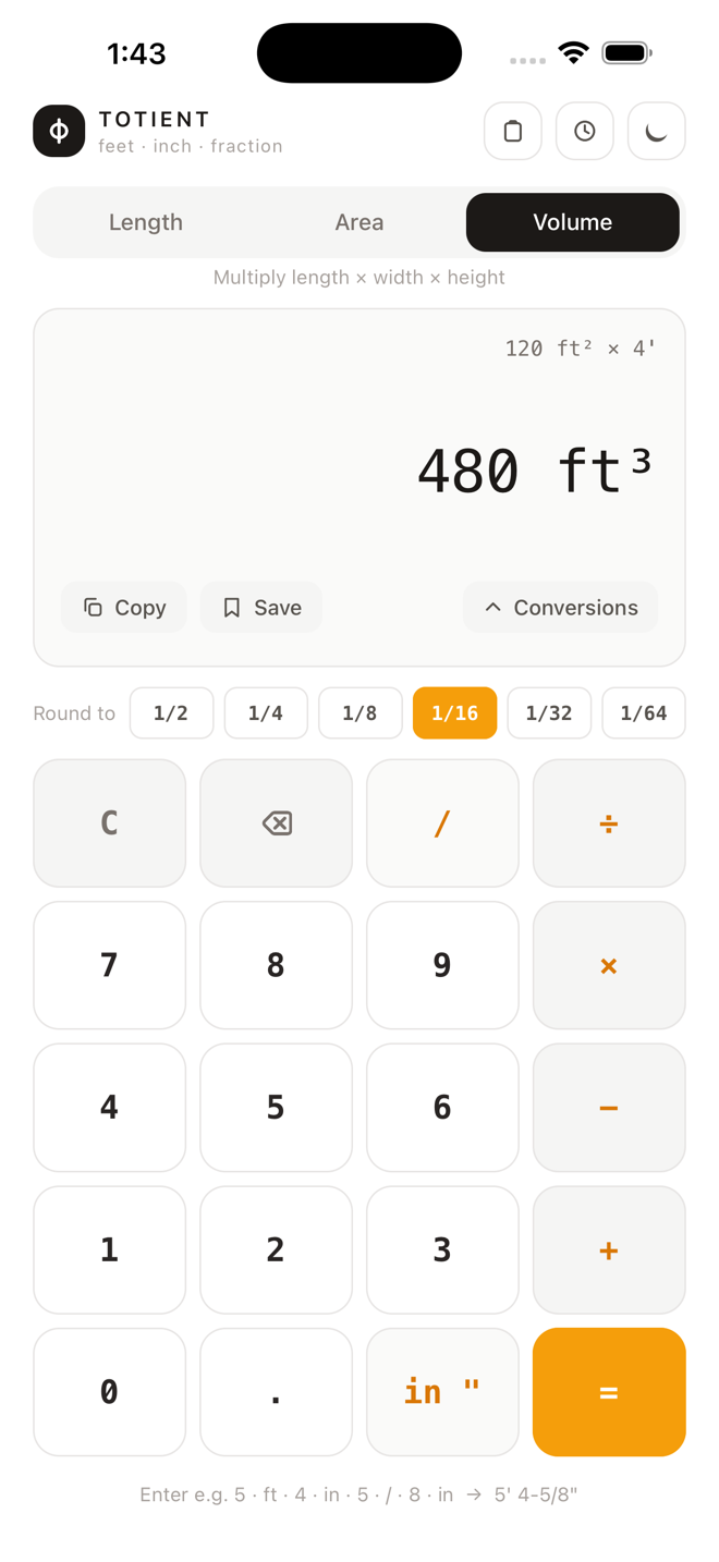 Totient in Volume mode showing 120 square feet by 4 feet equals 480 cubic feet
